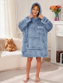 SHEIN 大童男孩秋冬款精緻Logo圖案 KING Little King 標誌圖案連帽長袖袋鼠口袋抓絨長款睡褲 - 淺藍色 - 查看 5