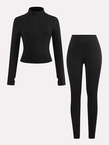 SHEIN Tween女孩黑色針織立領拉鍊修身休閒運動套裝，附側口袋緊身褲，運動套裝、大學風套裝、慢跑套裝 - 黑色 - 查看 4