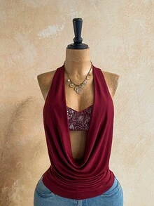 Ure Wave Women's Solid Color Cowl Neck Patchwork Sequin Sexy Fashion 2 In 1 Halter Top - Burgundy - View 5