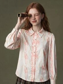 Elnivra Women's Winter Chinese Style Casual Elegant Party Tie-Dye Frog Button Placket Shirt - Coral Orange - View 7