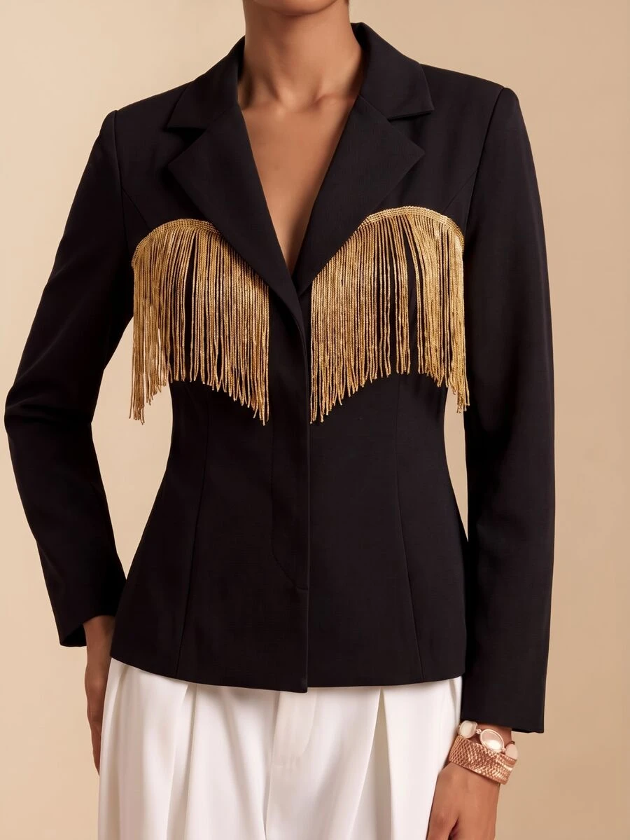 Vesra Women's Black & Gold Colorblock Tassel Blazer - Black - View 1