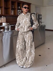 青少年女孩休閒時尚復古葉子圖案連帽落肩衛衣與寬鬆長褲2件套，適合秋冬日常、街頭風、外出、休閒、嘻哈、Y2K、音樂節、美式高街、甜酷慵懶、隨性時尚 - 白色 - 查看 1
