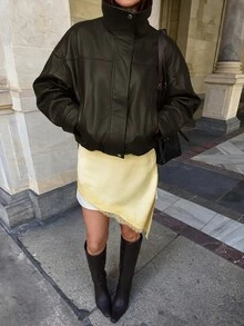 Struktiv Women's Standard Size American Vintage PU Leather Jacket, High Neck Loose Silhouette Pocket Versatile Short Leather Jacket - Army Green - View 4