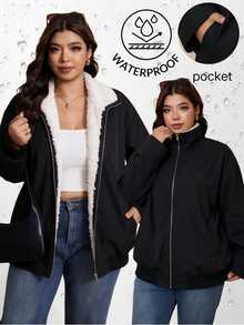 Easura Plus Size Solid Color Drop Shoulder Loose Warm Thermal Lined Winter Jacket Black Cowboy - Black - View 3