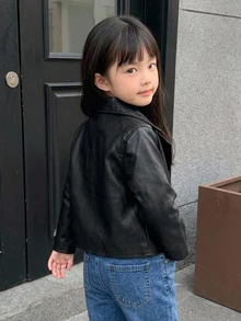 Dazy Kids (少女款) 棕色寬鬆休閒秋冬短款PU皮革翻領夾克 - 黑色 - 查看 2