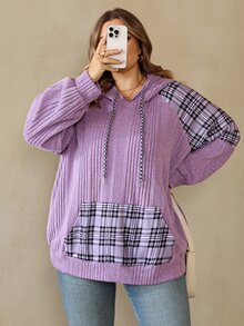 SHEIN CURVE+ Brushed Soft Plaid Colorblock Patchwork Hooded Plus Size Women's Sweatshirt, Christmas - Purple - View 3