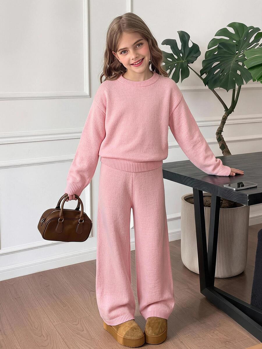 SHEIN Tween Girl 秋/冬休閒復古學院風粉色寬鬆針織長袖套頭衫與長褲兩件套,適合時尚街頭穿搭 - 粉色 - 查看 1
