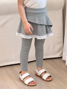 Dazy Kids 女童秋季網格拼接修身裙褲 - 灰色 - 查看 6