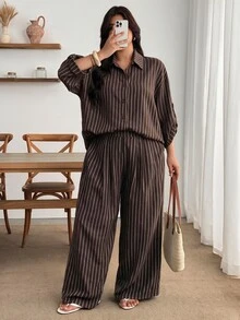 Enliva Plus-Size Women's Striped Shirt Two Pieces Set, Suitable For Commuting Apple,Rounded Body - Multicolor - View 5