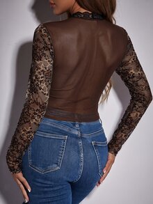 Allurite Women's Sexy Cropped Lace Corset Top - Brown - View 2