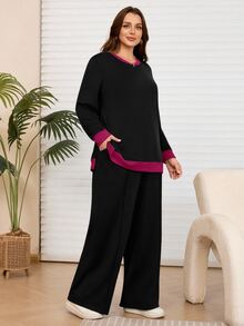 Rosumi 大尺碼女款 2 件組棕色秋季修身休閒家居服，對比色連帽衫與寬腿運動褲套裝，附口袋，舒適家居套裝 - 彩色 - 查看 3