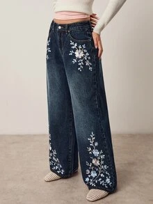 Willow Rêve Women's Embroidered Loose Wide Leg Dark Blue Denim Jeans - Blue - View 5