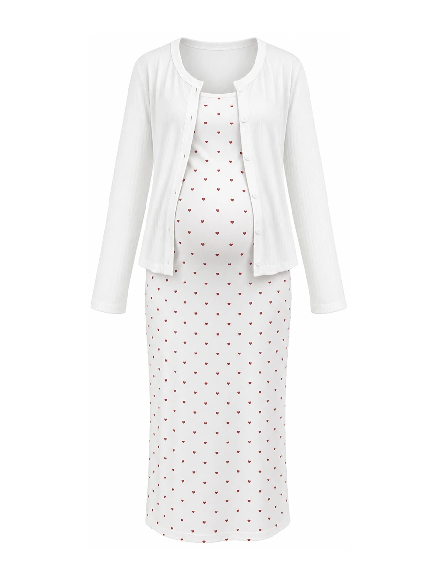 Moonlight&Mama Comfortable Soft 2-Piece Set, Jacket + Camisole Maxi Dress, Casual Maternity Sleepwear For Home And Outings - Multicolor - View 1