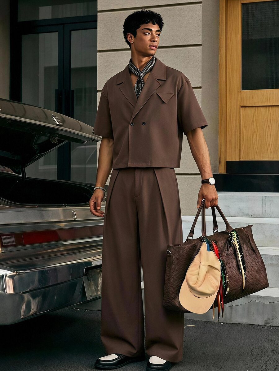 SWAVVY Men's Solid Color Double-Breasted Short Sleeve Shirt And Suit Pants Set - Brown - View 1