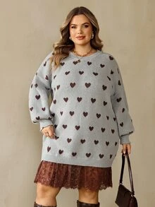 SHEIN CURVE+ فستان نسائي كاجوال يومي محبوك بمقاسات كبيرة مع تطريز دانتيل وطباعة كاملة للشتاء والكريسماس - رمادي - مشاهدة 3