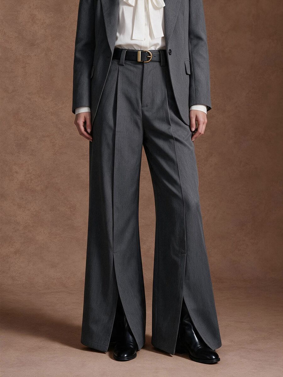 Zovinel Premium Worsted Fabric Women Suit Pants With Front Split,Elegant Fall Autumn/Winter,Back To School, Casual Commute Work,Old Money Style - Grey - View 1