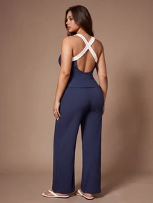 Lazeform Plus Size Ribbed Contrast Strap Backless Tank Top And Long Pants Pajama Set - Multicolor - View 6