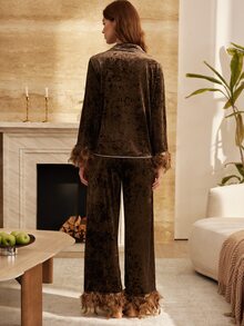Moireta Mature Elegant Noble Shiny Diamond Velvet Feather Trim Contrast Color Edge Open Front Women's Pajama Set - Coffee Brown - View 5