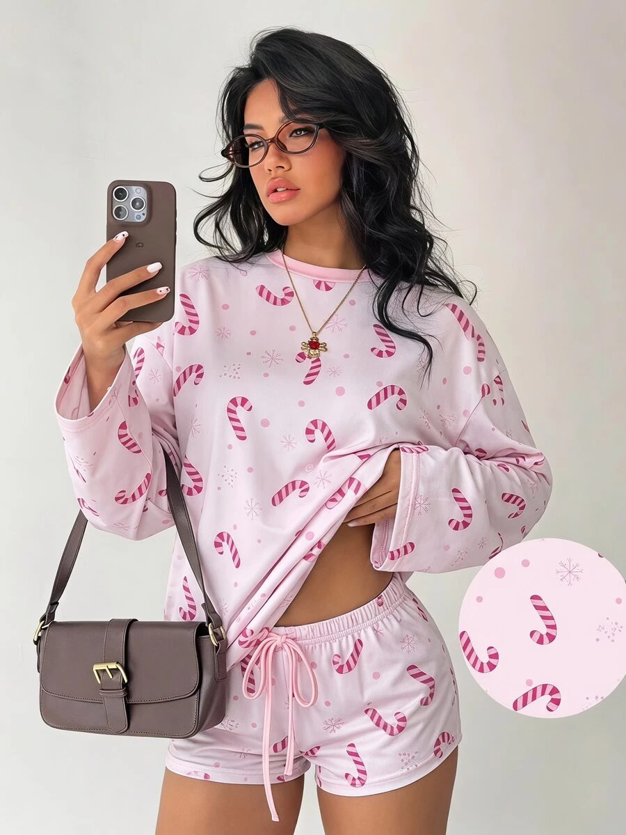 Aloruh 女款秋冬聖誕糖果圖案圓領長袖上衣與抽繩腰短褲兩件套,聖誕睡衣套裝,聖誕派對穿搭 - 粉色 - 查看 1
