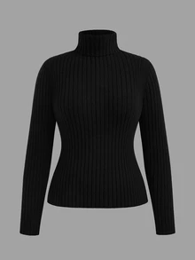 Sweetra Plus Size Women's Turtleneck Sweater, Long Sleeve Vertical Ribbed Knit Pullover, Slim Fit Stretch Solid Color Basic Fall Winter Top, Available In Whit - Multicolor - View 13