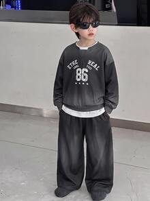 2pcs Kids Tween Boy Casual College Style Dark Gray Letter Graphic Hoodie & Dark Gray Straight Leg Sweatpants Set, Suitable For School, Home, Daily Wear, Sports, Versatile And Simple - Dark Grey - View 3