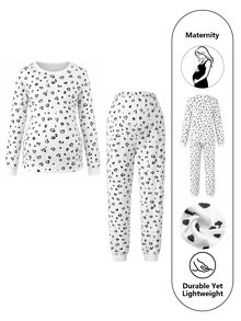 Moonlight&Mama Vertical Stripe Print Heart Crew Neck Pullover Long Sleeve Maternity Loungewear Pajamas - Multicolor - View 3