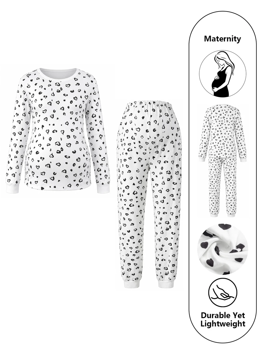 Moonlight&Mama بيجامة منزلية للحوامل بطبعة خطوط عمودية وقلب، بياقة دائرية وأكمام طويلة - متعدد الألوان - مشاهدة 1