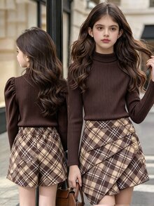 SHEIN Girls' Autumn-Winter Brown Knitted Long Sleeves + Plaid Asymmetrical Skirt-Pant Set, Suitable For Winter, Daily Wear, And Party Occasions. - Brown - View 1