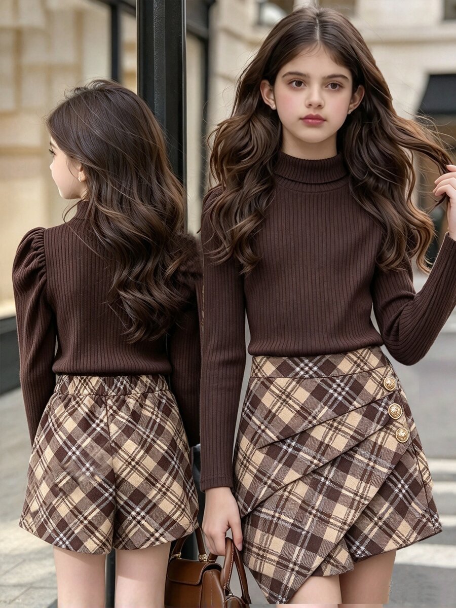 SHEIN Girls' Autumn-Winter Brown Knitted Long Sleeves + Plaid Asymmetrical Skirt-Pant Set, Suitable For Winter, Daily Wear, And Party Occasions. - Brown - View 1