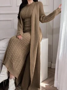 Feyla 2件組女款優雅純色立領麻花無袖洋裝與長袖開襟衫套裝，秋冬款 - 卡其色 - 查看 5