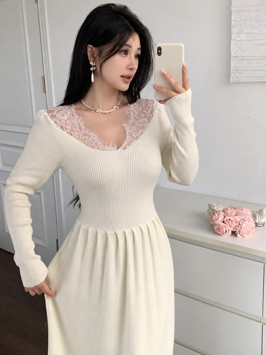 Feyla Women's Contrast Lace Long Sleeve Elegant Long Knit Dress - White - View 1