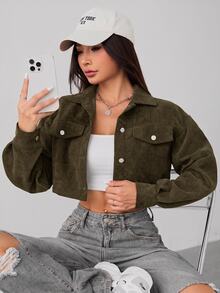 SHEIN PETITE 秋季穿搭落肩翻蓋設計短版燈芯絨黑色夾克，適合嬌小女性，返校、上班、旅行、日常穿著、街頭休閒風 - 軍綠色 - 查看 13