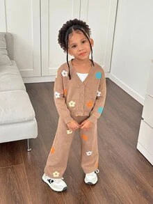 SHEIN Young Girl 2pcs/Set Young Girl Plain Cardigan & Knitted Pants, Sweater Outfits In Fall/Winter - Khaki - View 5