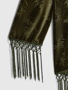 ROMWE Hippie Elegant Vintage Floral Tassel Hem Jacket - Green - View 3