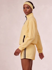 Zivah Women's Zipper Half-Placket Long Sleeve Top And Shorts Sports Outfit Set - Yellow - View 3