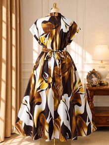 Rometta Plus Size Women's Elegant Skin-Friendly Fabric Woven Print Overlap Collar Geometric Pattern Sleeveless A-Line Dress Formal Dark Green - Brown - View 2