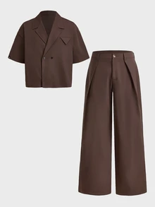 SWAVVY Men's Solid Color Double-Breasted Short Sleeve Shirt And Suit Pants Set - Brown - View 2