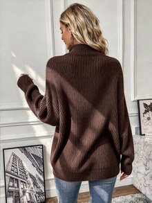 EMERY ROSE Hollow Out Drop Shoulder Casual Sweater,Long Sleeve Tops Knit Pullover Fall Winter Sweater - Brown - View 2