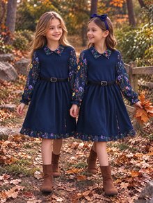 SHEIN Tween Girl Floral Digital Print Ribbed Mock 2-Piece Dress Elegant Ruffle Long Sleeve Peter Pan Collar Fall Winter High Waist Flared A-Line Midi Dress - Royal Blue - View 5