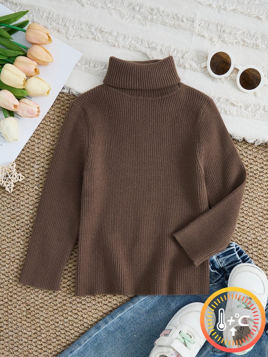 Young Girl Coffee Turtleneck Ribbed Sweater, Solid Stripe Slim Fit Top, Soft Warm Skin-Friendly, Snug, Versatile Fall Winter Undershirt - Coffee Brown - View 1