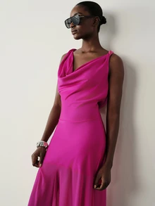 Aveloria Modichic Dress Slim Waisted Large Flare Chiffon Sleeveless Cowl Neck Elegant Hot Pink Solid Elegant Long Dress Party Dress Evening Dress New Year - Hot Pink - View 5