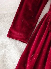 SHEIN 女童天鵝絨公主洋裝 優雅酒紅色蝴蝶結百褶閃亮泡泡長袖方領 A字版型冬季晚宴禮服 - 紅色 - 查看 6