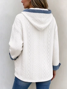 Zayélia Women's Printed Denim Patchwork Hooded Cable Knit Cardigan Loose Fit Jacket - White - View 2