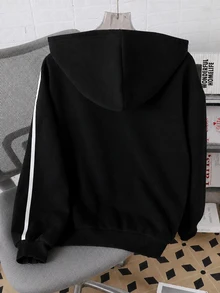 SHEIN 青少年女孩灰色字母條紋運動衫秋季夾克休閒街頭風日常百搭，休閒寬鬆套頭運動衫秋季運動服，極簡設計，適合休閒與運動健身，穿搭，字母小標誌裝飾與流行織帶 - 黑色 - 查看 2