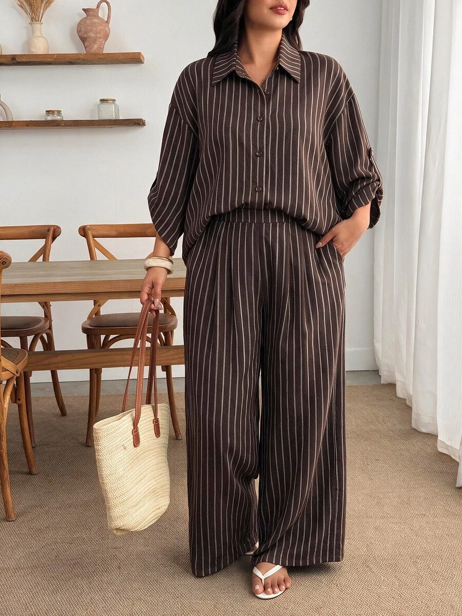 Enliva Plus-Size Women's Striped Shirt Two Pieces Set, Suitable For Commuting Apple,Rounded Body - Multicolor - View 1