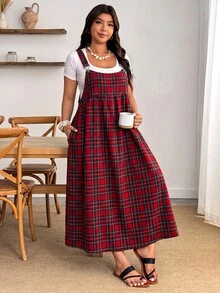 Enliva Plus-Size Women's Fashionable And Versatile Plaid Pocket Dress, Holiday Style Apple,Rounded Body - Multicolor - View 7