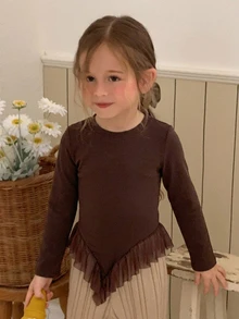 Hapijoa Young Girl Round Neck Long Sleeve Patchwork Ruffle Hem Casual T-Shirt - Brown - View 6