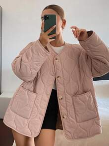 DAZY Women's Loose Pink Casual Padded Coat With Stitching Decor - Pink - View 8