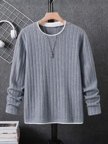 SHEIN 青少年男孩圓領抓絨羅紋長袖對比色領口與下擺T恤，春/秋/冬 - 淺藍色 - 查看 1