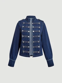 Slaydiva Winter New Napoleon Collar Loose Fit Plus Size Denim Jacket - Blue - View 11